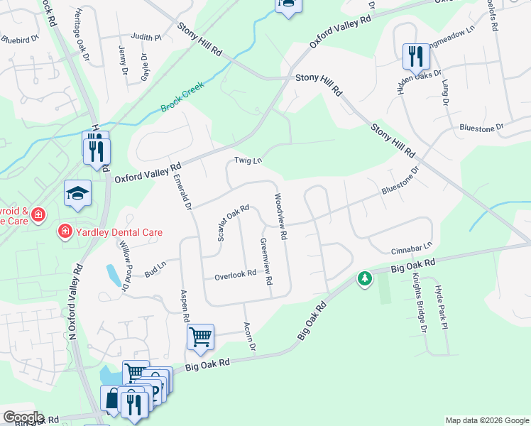 map of restaurants, bars, coffee shops, grocery stores, and more near 1428 Scarlet Oak Road in Yardley