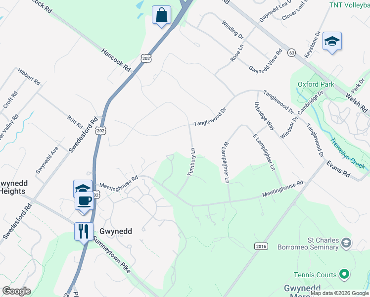 map of restaurants, bars, coffee shops, grocery stores, and more near 1219 Turnbury Lane in North Wales