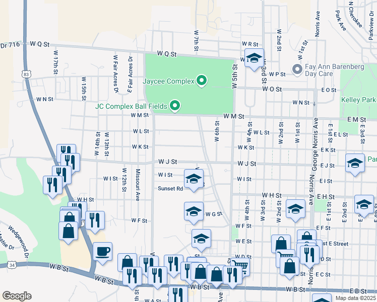 map of restaurants, bars, coffee shops, grocery stores, and more near 800-812 West K Street in McCook
