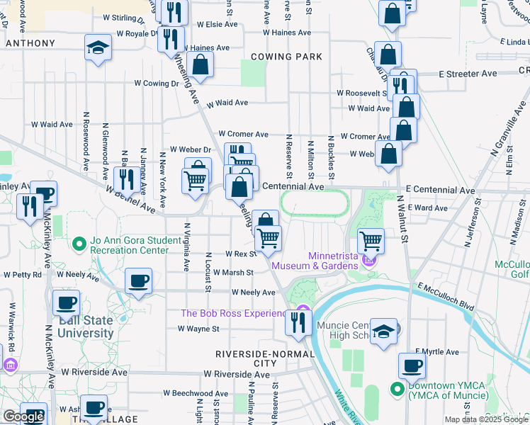 map of restaurants, bars, coffee shops, grocery stores, and more near 818 West Bethel Avenue in Muncie