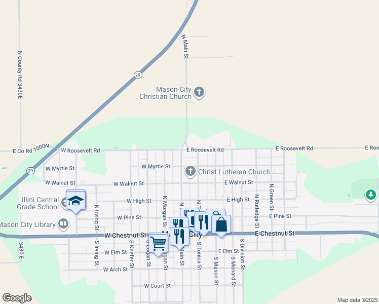 map of restaurants, bars, coffee shops, grocery stores, and more near 115 East Co Road 1000N in Mason City