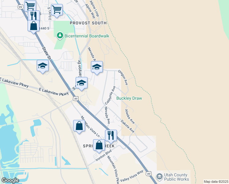 map of restaurants, bars, coffee shops, grocery stores, and more near 1933 Montana Avenue in Provo
