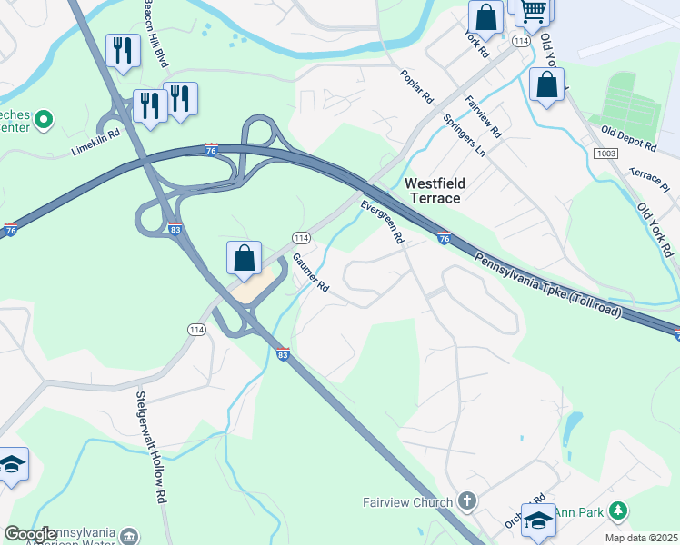 map of restaurants, bars, coffee shops, grocery stores, and more near 355 Weatherstone Drive in New Cumberland