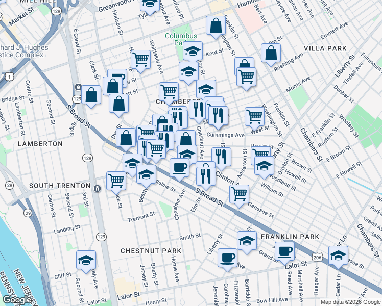 map of restaurants, bars, coffee shops, grocery stores, and more near 6 Rusling Street in Trenton