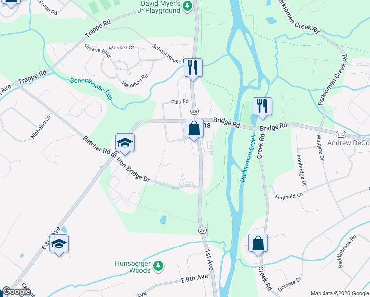 map of restaurants, bars, coffee shops, grocery stores, and more near 37 Centennial Street in Collegeville