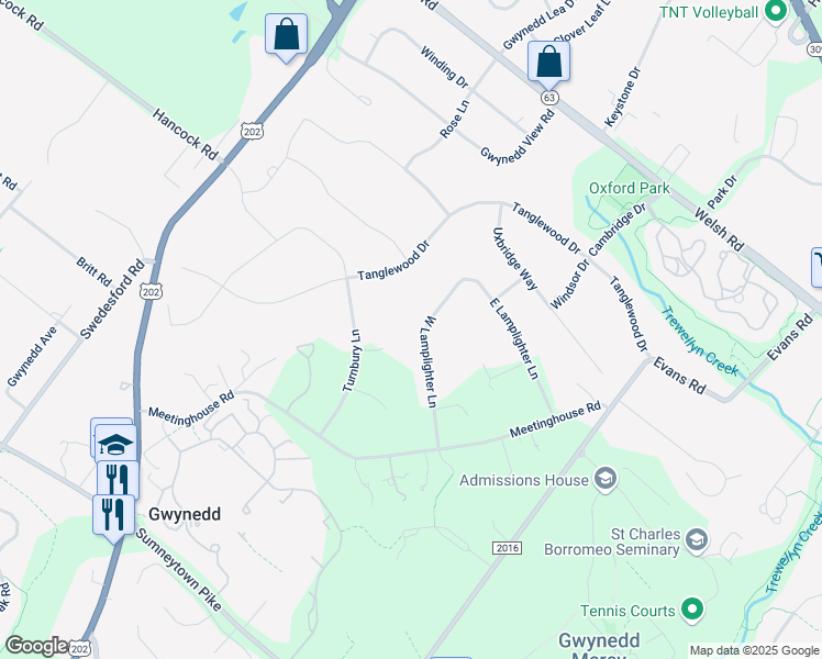 map of restaurants, bars, coffee shops, grocery stores, and more near 1452 West Lamplighter Lane in North Wales