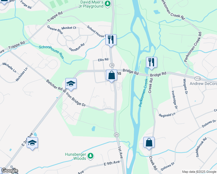 map of restaurants, bars, coffee shops, grocery stores, and more near 37 Centennial Street in Collegeville