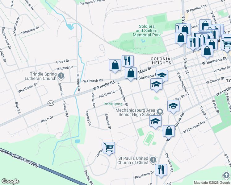 map of restaurants, bars, coffee shops, grocery stores, and more near 815 Fairfield Street in Mechanicsburg