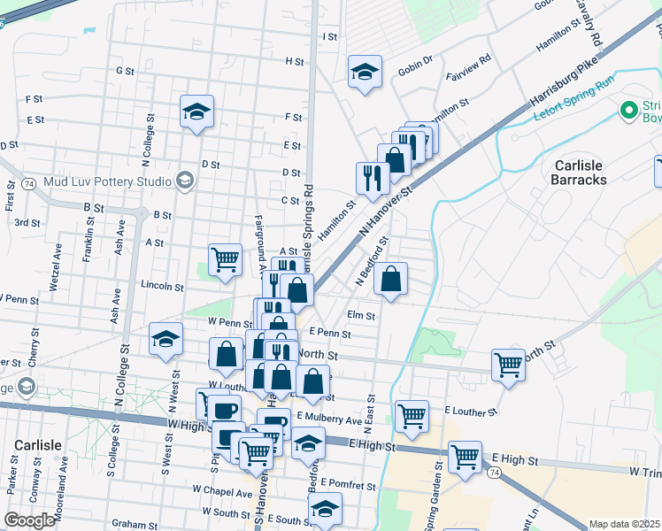 map of restaurants, bars, coffee shops, grocery stores, and more near 517 North Hanover Street in Carlisle