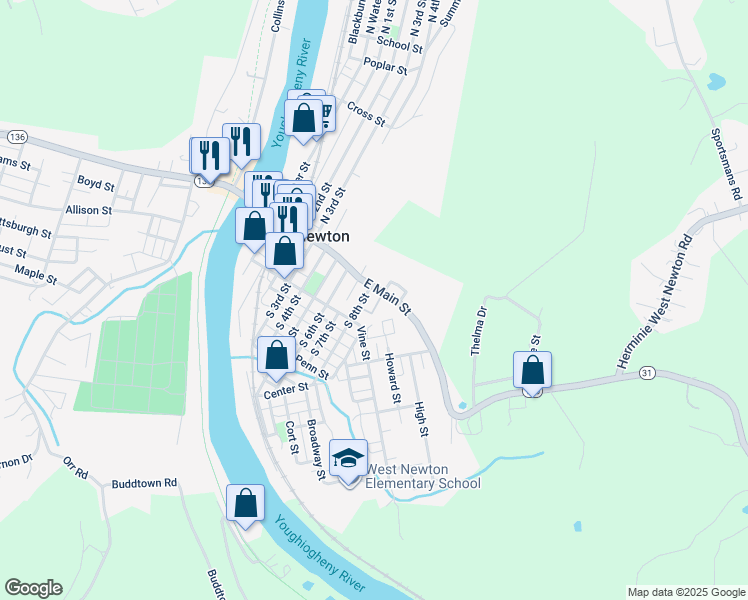 map of restaurants, bars, coffee shops, grocery stores, and more near 103 South 8th Street in West Newton