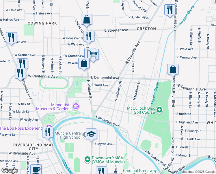 map of restaurants, bars, coffee shops, grocery stores, and more near 210 East Davidson Street in Muncie