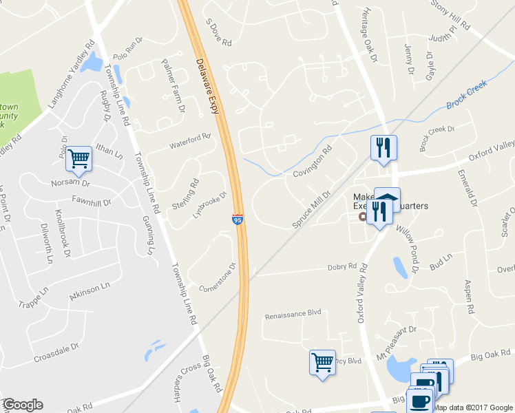 map of restaurants, bars, coffee shops, grocery stores, and more near 8501 Spruce Mill Drive in Yardley