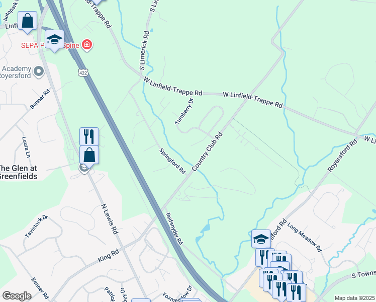 map of restaurants, bars, coffee shops, grocery stores, and more near 82 Bayhill Circle in Royersford