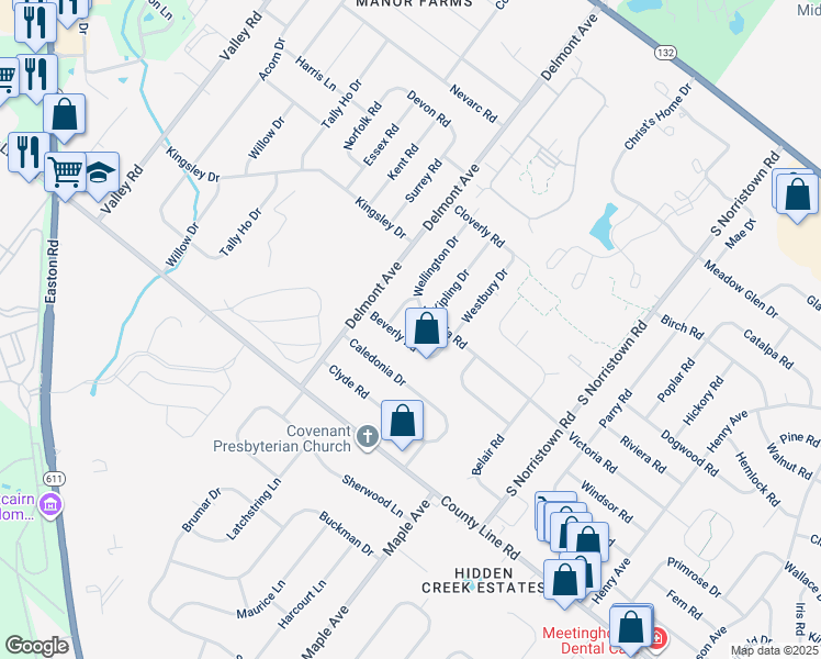 map of restaurants, bars, coffee shops, grocery stores, and more near 132 Kipling Drive in Warminster