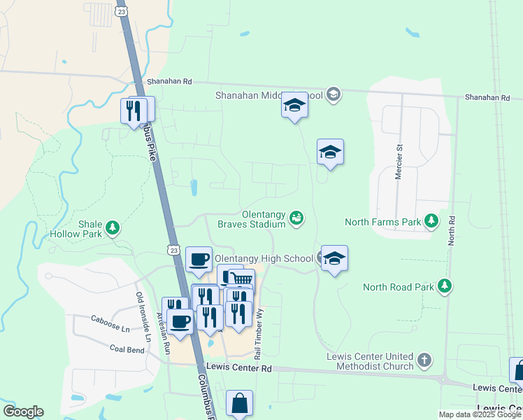 map of restaurants, bars, coffee shops, grocery stores, and more near 465 Redwood Lane in Lewis Center