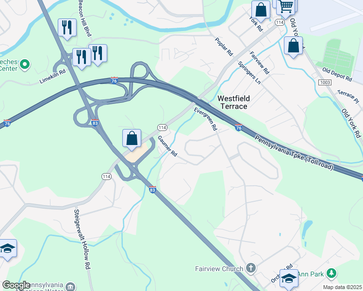 map of restaurants, bars, coffee shops, grocery stores, and more near 355 Weatherstone Drive in New Cumberland