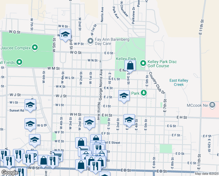 map of restaurants, bars, coffee shops, grocery stores, and more near 1098 East 1st Street in McCook