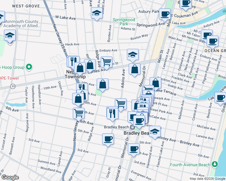 map of restaurants, bars, coffee shops, grocery stores, and more near 1215 9th Avenue in Neptune City