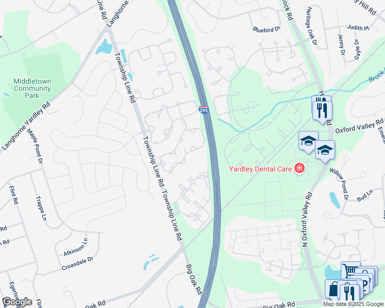 map of restaurants, bars, coffee shops, grocery stores, and more near 2205 Lynbrooke Drive in Yardley