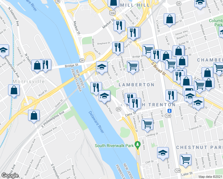 map of restaurants, bars, coffee shops, grocery stores, and more near 397 Union Street in Trenton