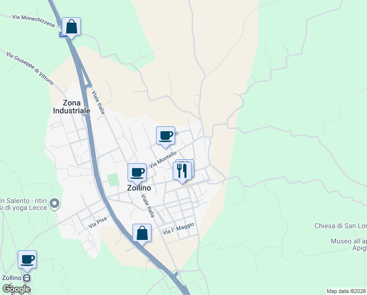 map of restaurants, bars, coffee shops, grocery stores, and more near 34 Via Alcide De Gasperi in Zollino