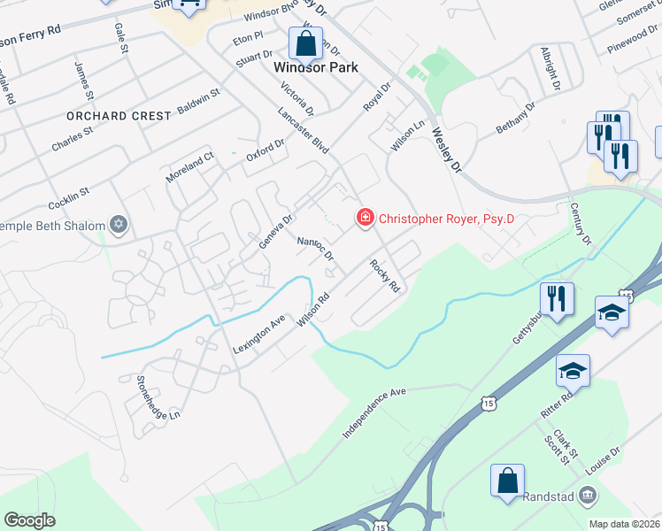 map of restaurants, bars, coffee shops, grocery stores, and more near 1119 Nanroc Drive in Mechanicsburg