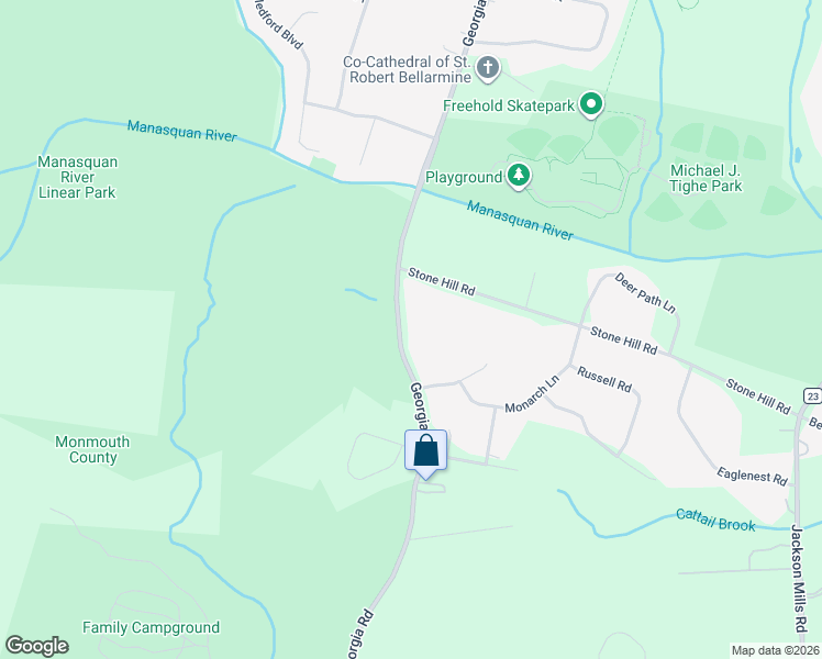 map of restaurants, bars, coffee shops, grocery stores, and more near 121 Georgia Road in Freehold