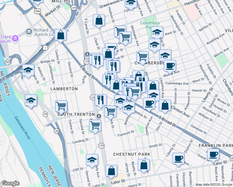 map of restaurants, bars, coffee shops, grocery stores, and more near South Broad Street & Hudson Street in Trenton