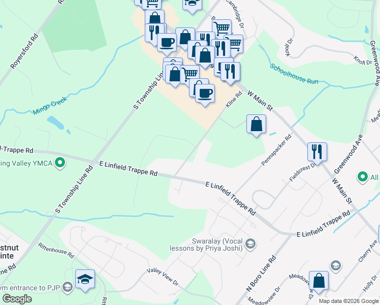 map of restaurants, bars, coffee shops, grocery stores, and more near 184 Kline Road in Royersford