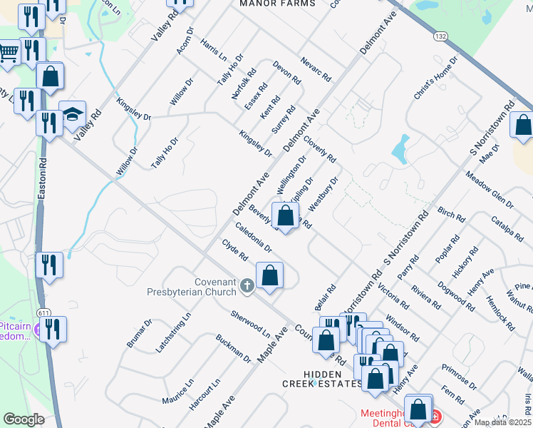map of restaurants, bars, coffee shops, grocery stores, and more near 125 Wellington Drive in Warminster