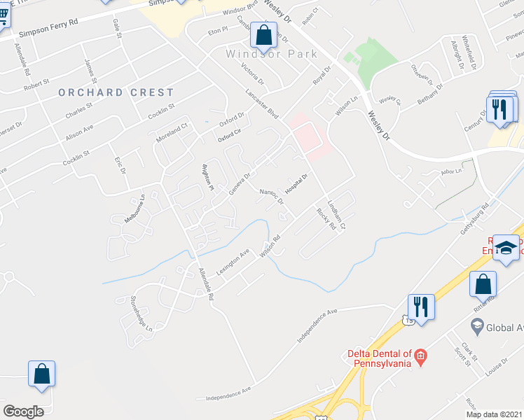 map of restaurants, bars, coffee shops, grocery stores, and more near 1075 Nanroc Drive in Mechanicsburg