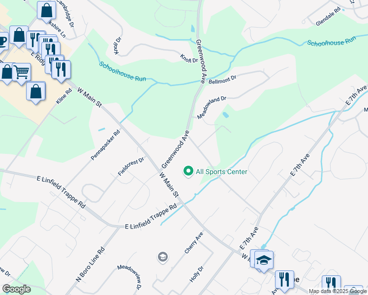 map of restaurants, bars, coffee shops, grocery stores, and more near 1520 College Avenue in Collegeville