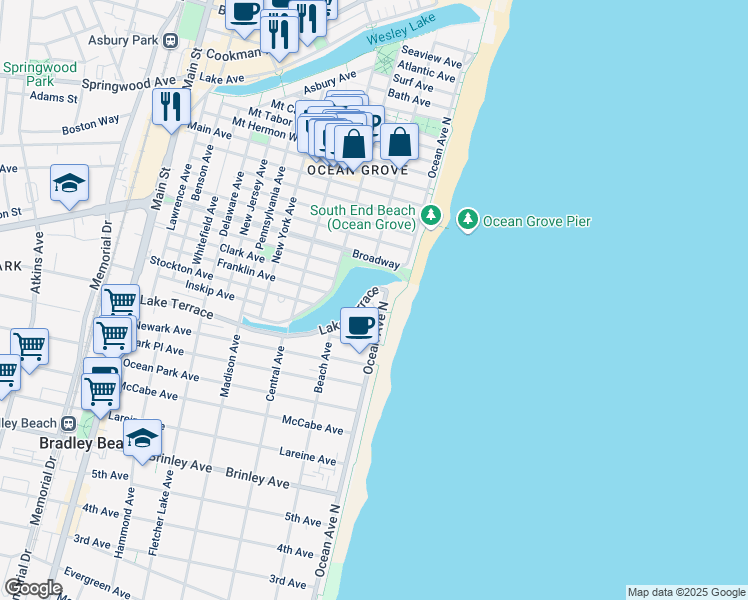 map of restaurants, bars, coffee shops, grocery stores, and more near 1215 Ocean Avenue in Bradley Beach