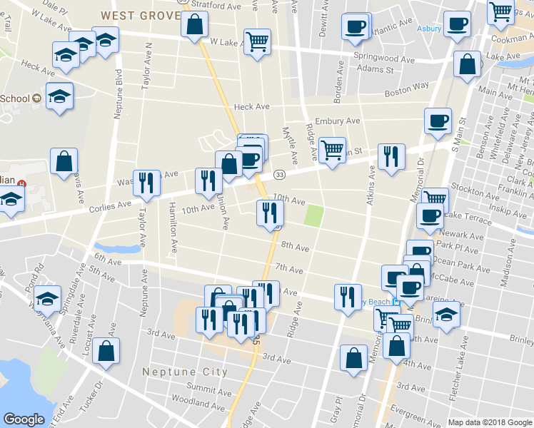 map of restaurants, bars, coffee shops, grocery stores, and more near 1404 9th Avenue in Neptune City