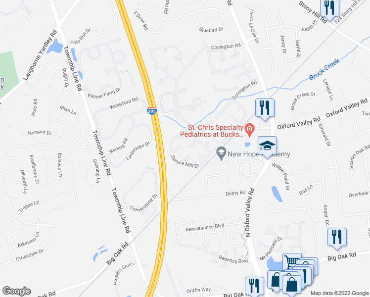 map of restaurants, bars, coffee shops, grocery stores, and more near 7906 Spruce Mill Drive in Yardley
