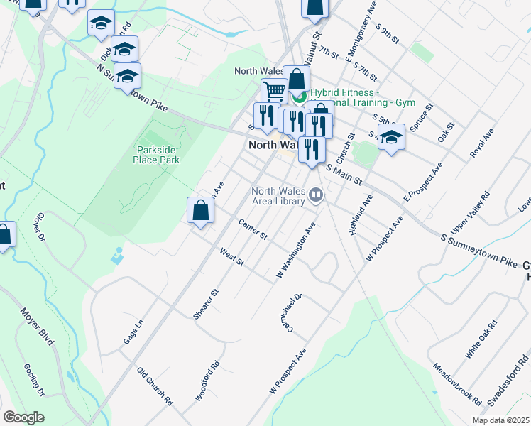 map of restaurants, bars, coffee shops, grocery stores, and more near 331 Shearer Street in North Wales