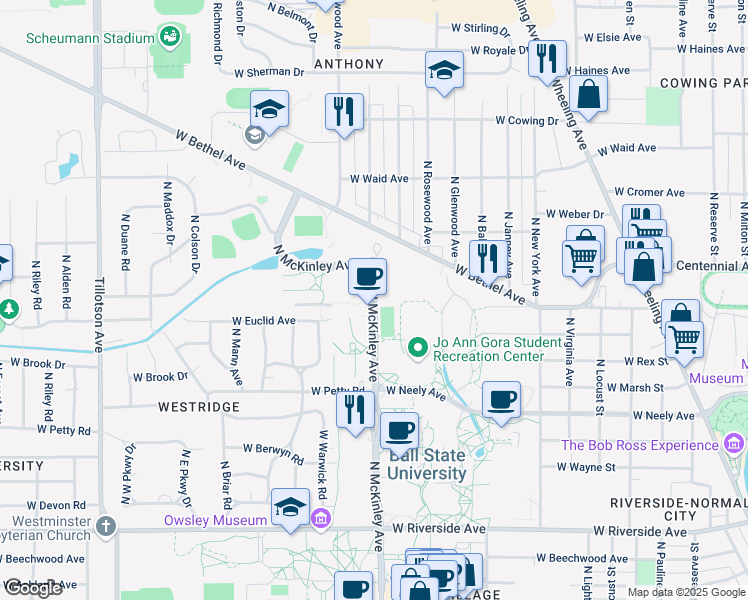 map of restaurants, bars, coffee shops, grocery stores, and more near 1515 North McKinley Avenue in Muncie