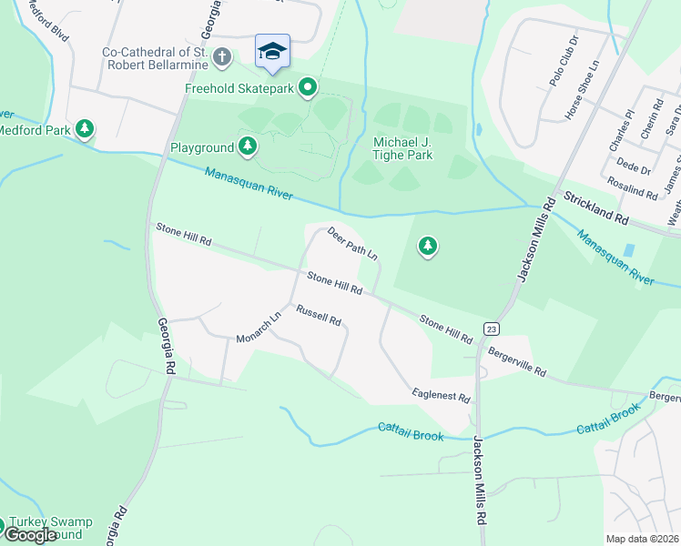 map of restaurants, bars, coffee shops, grocery stores, and more near 176 Stone Hill Road in Freehold Township