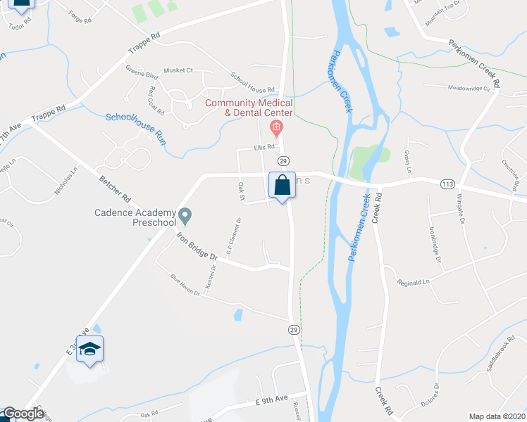 map of restaurants, bars, coffee shops, grocery stores, and more near 37 Centennial Street in Collegeville