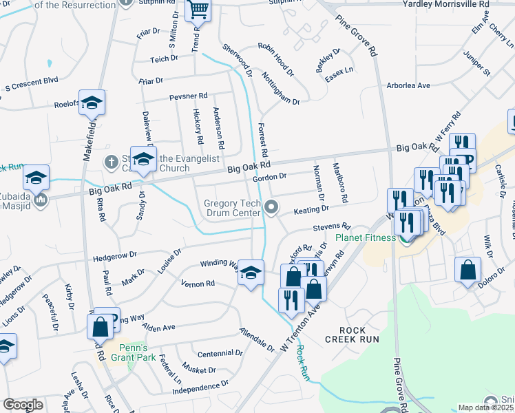 map of restaurants, bars, coffee shops, grocery stores, and more near in Yardley