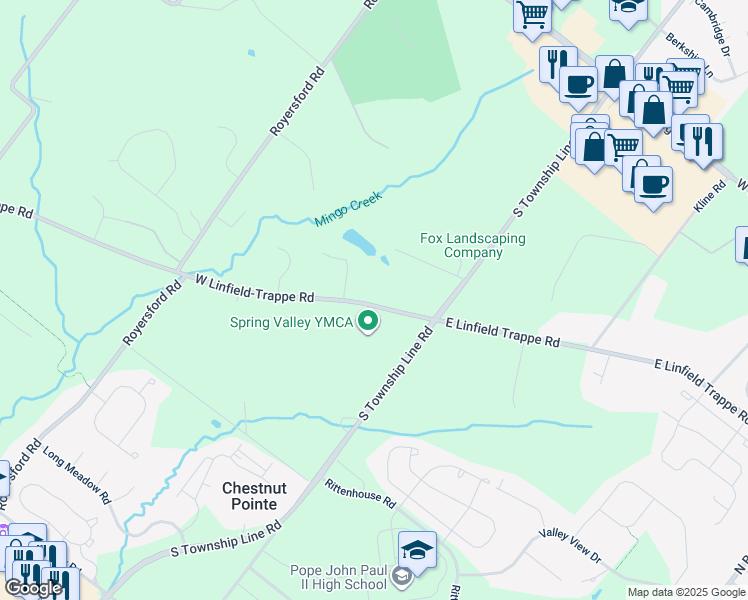 map of restaurants, bars, coffee shops, grocery stores, and more near 30 West Linfield-Trappe Road in Royersford