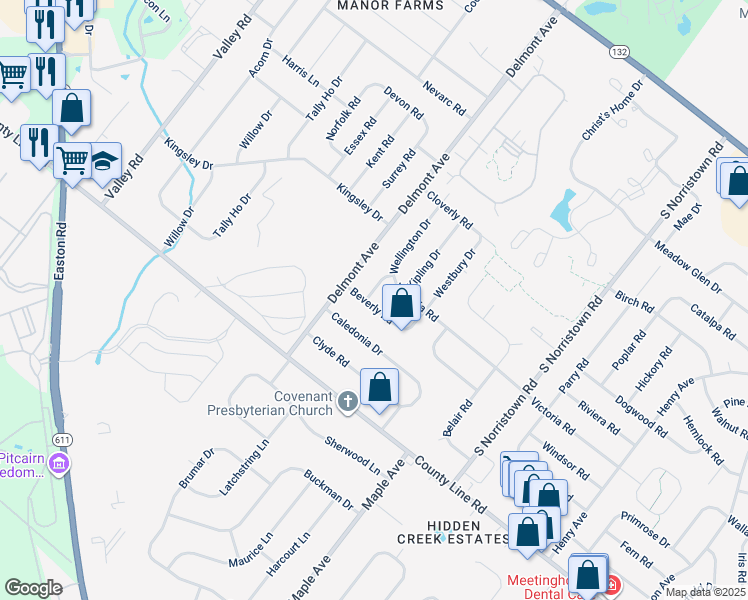 map of restaurants, bars, coffee shops, grocery stores, and more near 125 Wellington Drive in Warminster