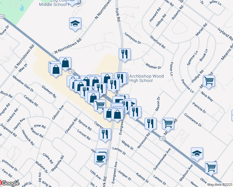 map of restaurants, bars, coffee shops, grocery stores, and more near 620 York Road in Warminster