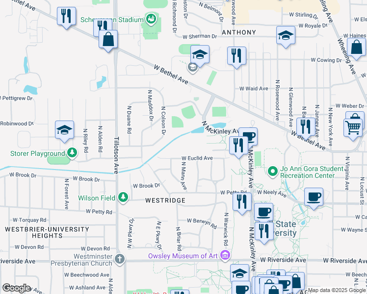 map of restaurants, bars, coffee shops, grocery stores, and more near 1751 North McKinley Avenue in Muncie