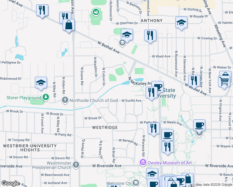 map of restaurants, bars, coffee shops, grocery stores, and more near 1751 North McKinley Avenue in Muncie