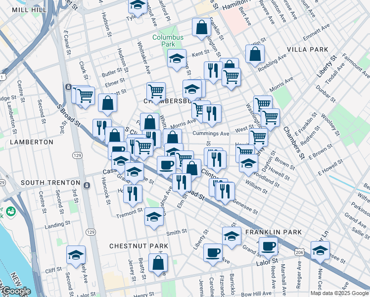 map of restaurants, bars, coffee shops, grocery stores, and more near 1009 Chestnut Avenue in Trenton