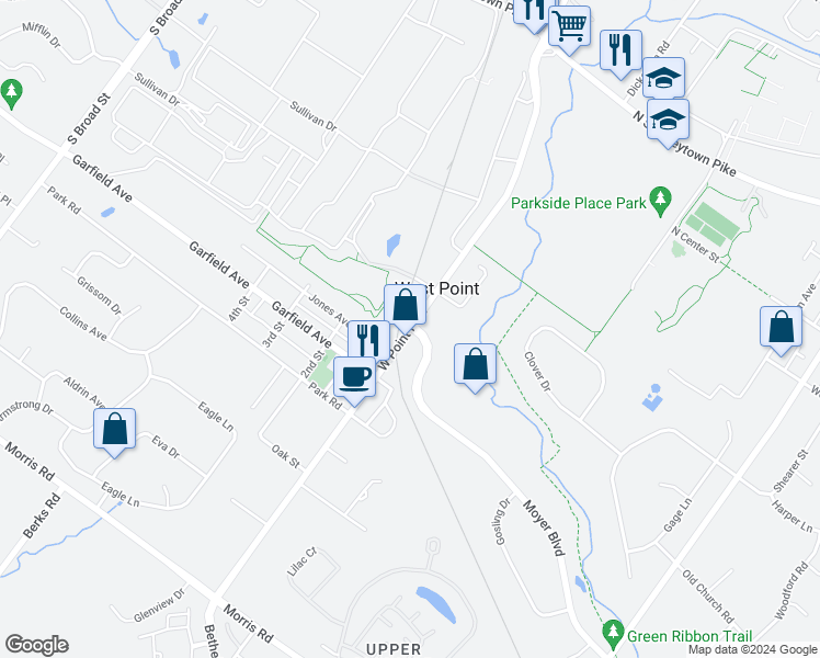 map of restaurants, bars, coffee shops, grocery stores, and more near 1847 West Point Pike in Lansdale