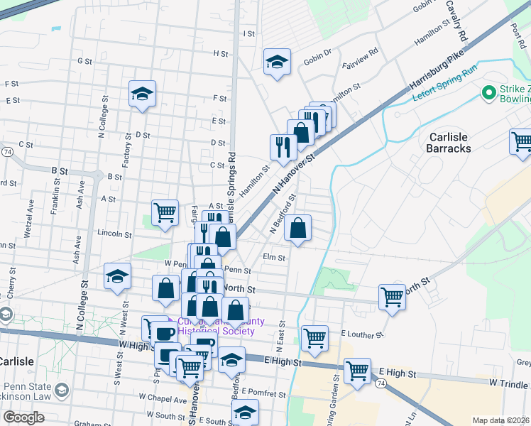 map of restaurants, bars, coffee shops, grocery stores, and more near 517 North Hanover Street in Carlisle