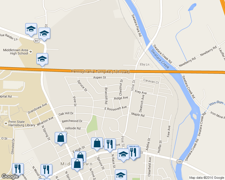 map of restaurants, bars, coffee shops, grocery stores, and more near 313 Plane Street in Middletown
