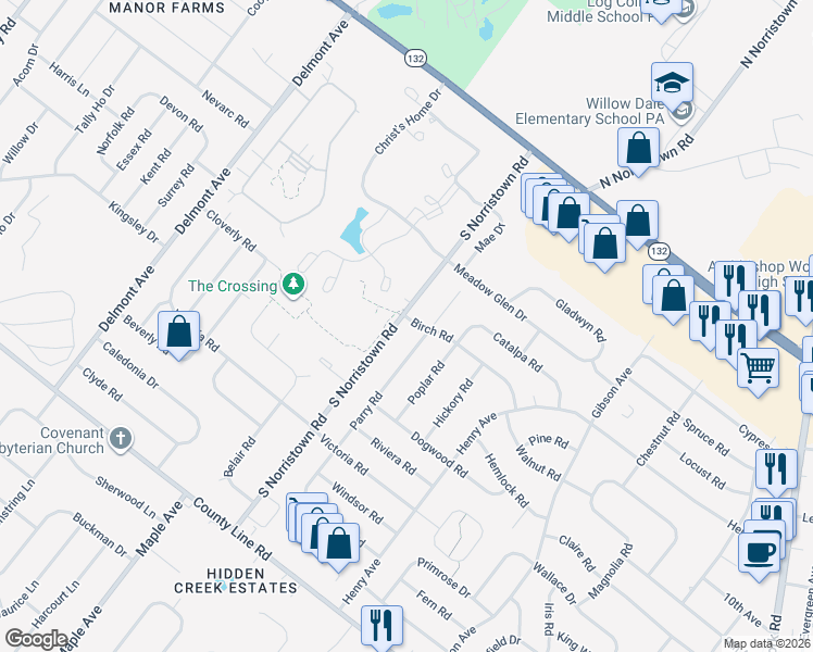 map of restaurants, bars, coffee shops, grocery stores, and more near 316 Parry Road in Warminster